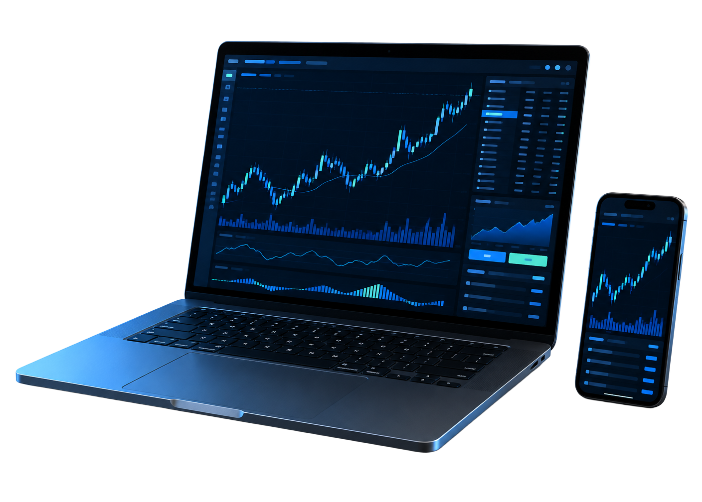 Computadora y celular con gráficos de trading